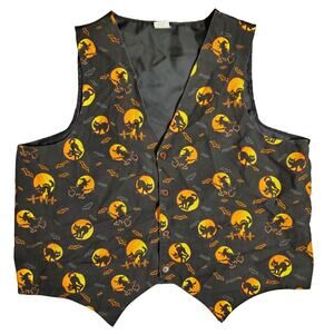 Halloween Patterned Vest Vintage 90s Orange Black Black Cat Witch Full Moon